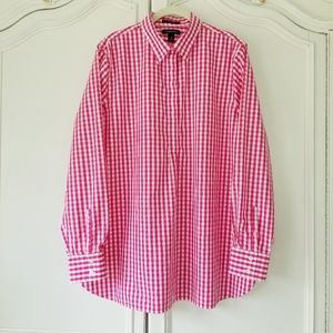 Lands End Pink White Gingham Long Sleeve No Iron Supima Popover Tunic 18